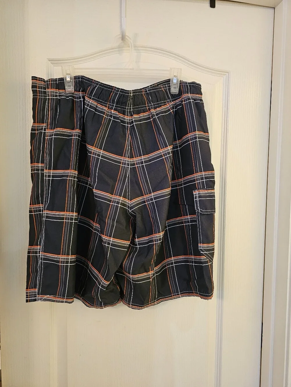 OP Men's Black Plaid Swim Board Shorts with Orange & White Lines